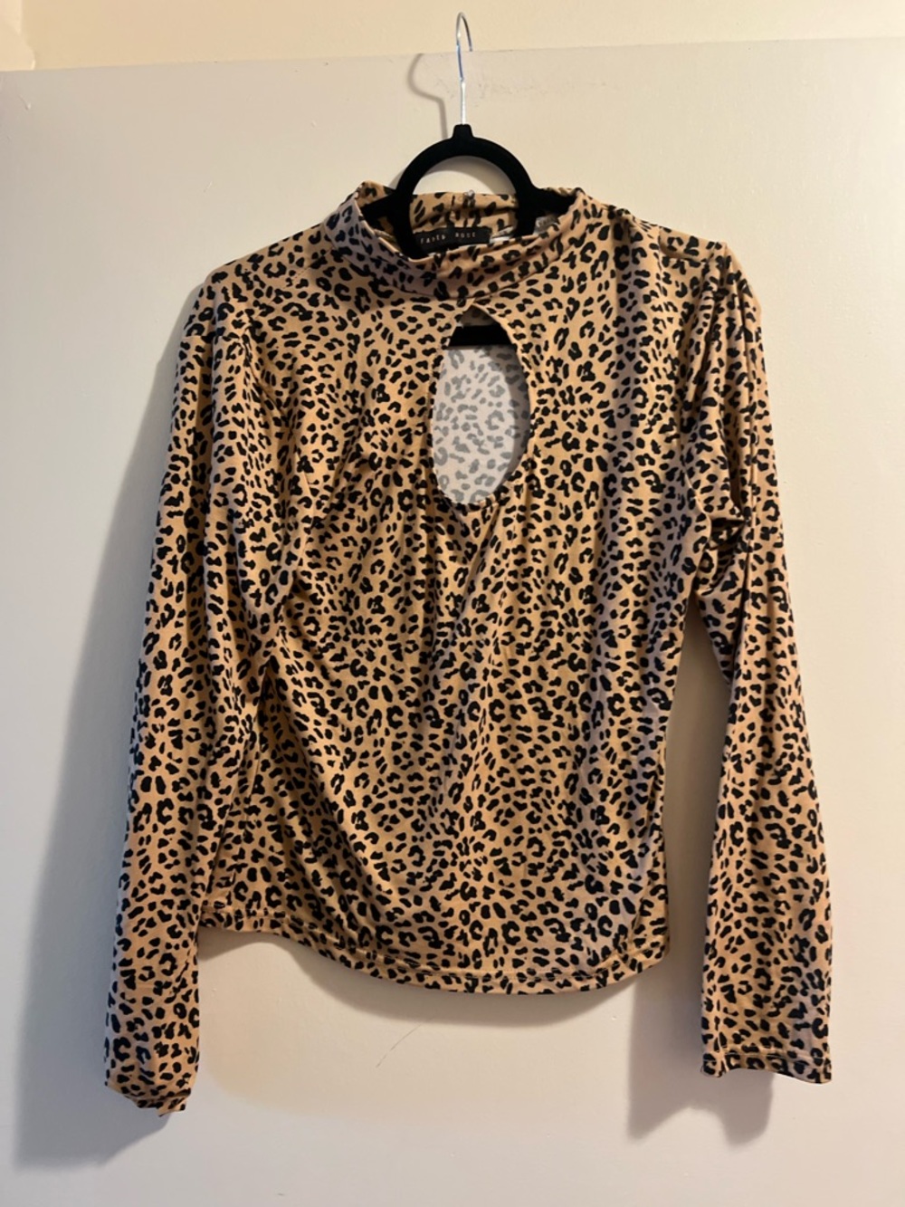 Leopard Print Keyhole Long Sleeve Top - Tan/Black
